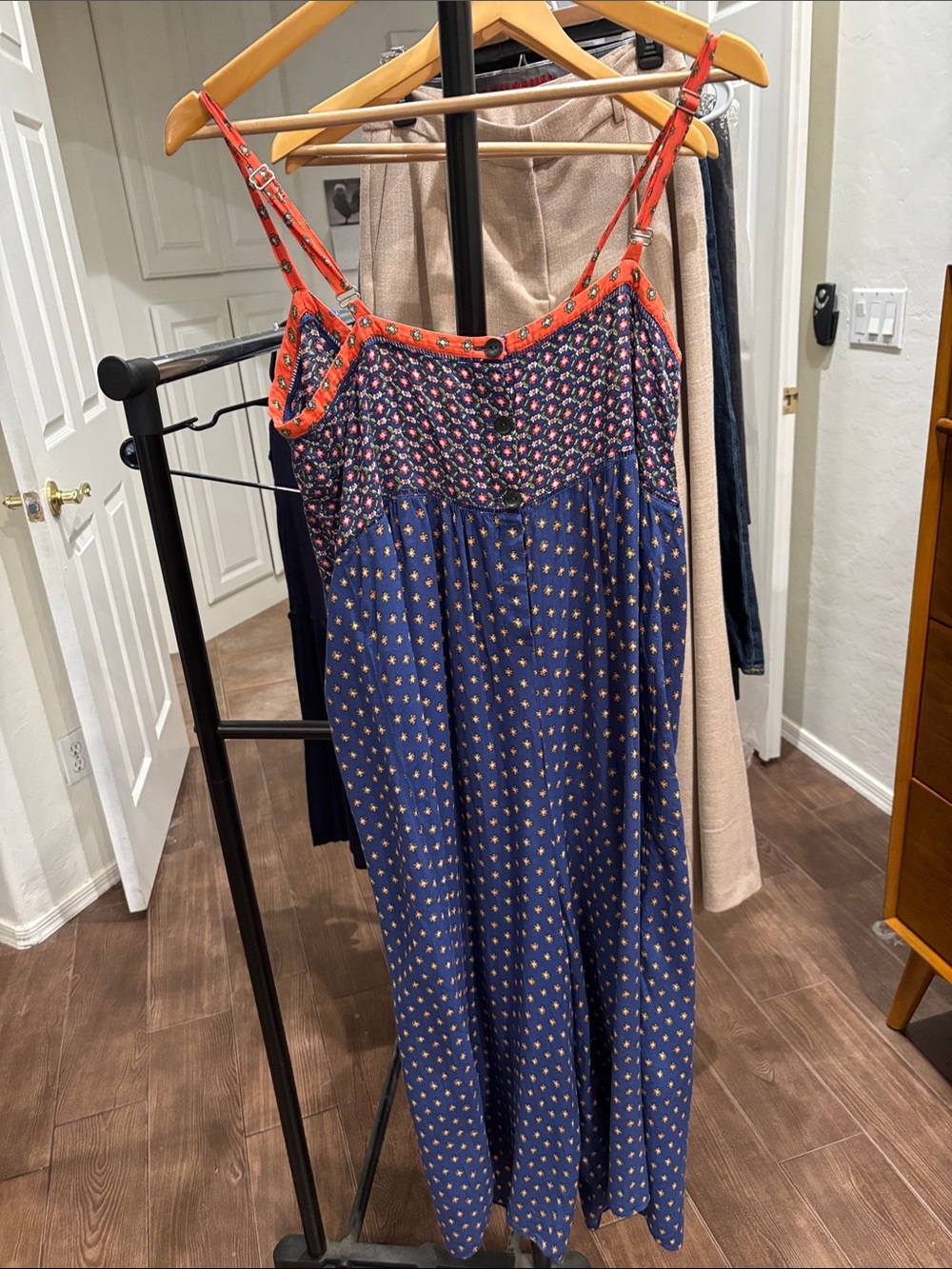 Anthropologie Navy and Coral Printed Jumpsuit Wide Leg Size M
